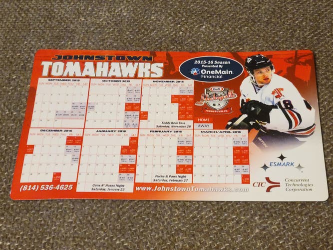 Johnstown Tomahawks NAHL 2015-2016 Season Magnetic Schedule