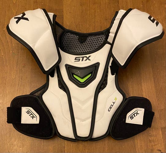 STX Cell IV Lacrosse Shoulder Pad Youth Med GeoFlex II White Padded Adjustable