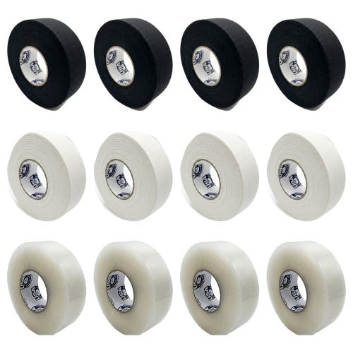(New) Hockey Tape  12 Pack – 4 Black, 4 White, 4 Clear Shin Tape