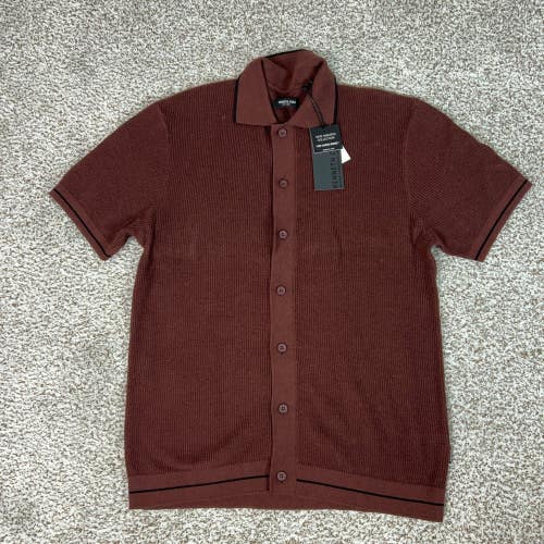 Kenneth Cole Shirt Mens Large Brown Button Down Knit Short Sleeve Sweater Tipped
