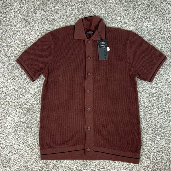 Kenneth Cole Shirt Mens Large Brown Button Down Knit Short Sleeve Sweater Tipped