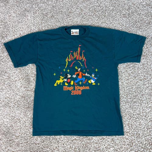 Vintage Disney Shirt Kids Large Blue Magic Kingdom 2000 Mickey Goofy Graphic Tee