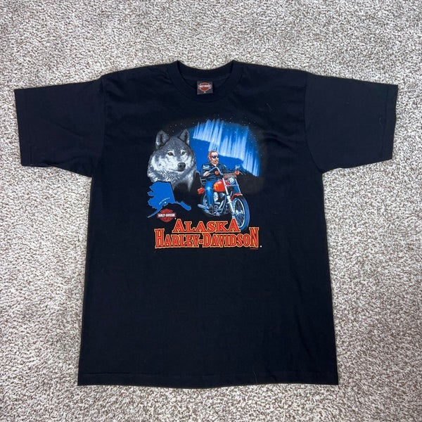 Vintage Harley Davidson Shirt Mens Extra Large Black Biker Wolf Eagle Alaska USA