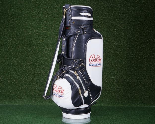 VINTAGE BALLY GAMING STAFF BAG 6 WAY DIVIDERS GOLF BAG, BLACK / WHITE ~ L@@K!!