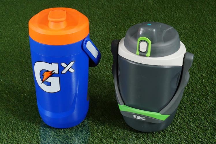 2 LARGE WATER BOTTLES, GATORATE GX BLUE 64 OZ & THERMOS FOAM INSOLATED JUG 64 OZ