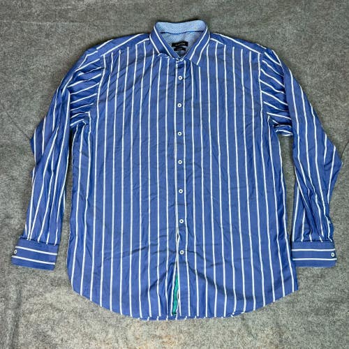Bugatchi Mens Shirt Extra Large Blue White Striped Flip Cuff Classic Office Work