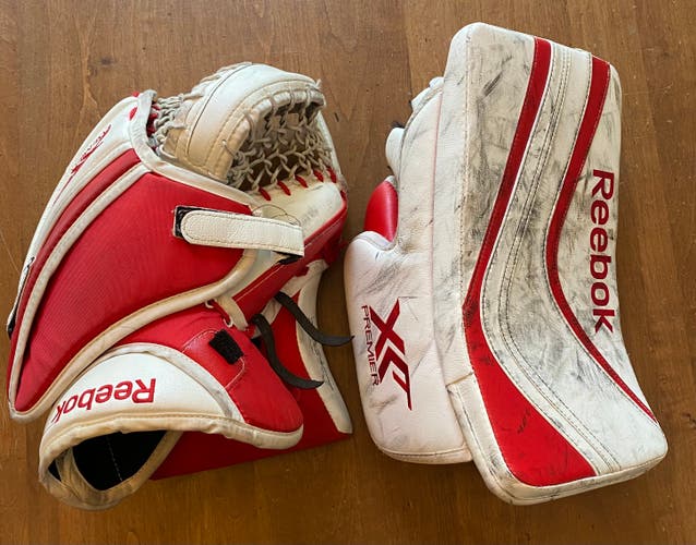 Reebok Premier XLT SR Goalie Catcher Glove & Blocker Set 590 White Red Lefevre