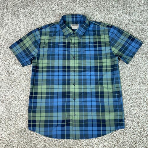 Marmot Shirt Mens Large Blue Green Hiking Outdoor Plaid Short Sleeve Button Up
