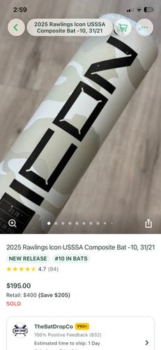2025 Rawlings Icon USSSA Composite Bat -10, 31/21