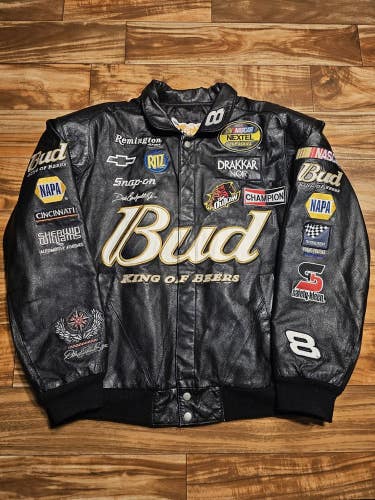 Vintage Jeff Hamilton Budweiser King of Beers NASCAR Black Leather Jacket Sx XL