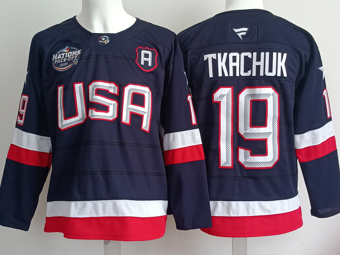 Men's United States Matthew Tkachuk 19 Stitched Navy Jersey Ice Hockey Jersey size 50