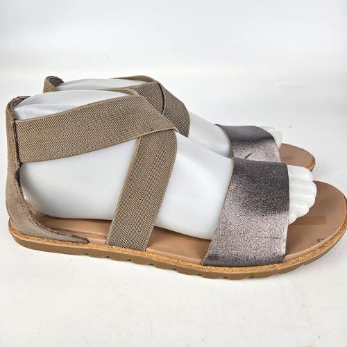 SOREL ELLA II Strap Women's Size: 8.5 Beige Gold Leather Flats Strappy Sandals