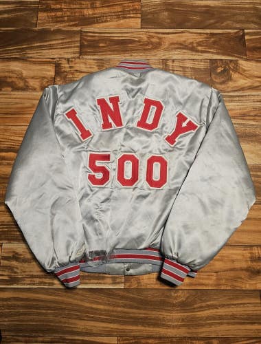 Vintage Indy 500 Satin Nascar Racing Spellout Vtg Jacket Made In USA Size Large