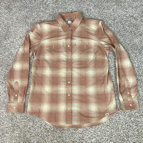 Duluth Trading Shirt Womens Medium Pink Plaid Pearl Snap Western Vented Hiking
