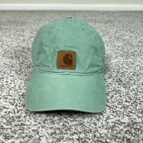 Carhartt Hat Mens One Size Green Canvas Cap Strapback Leather Patch Workwear Dad