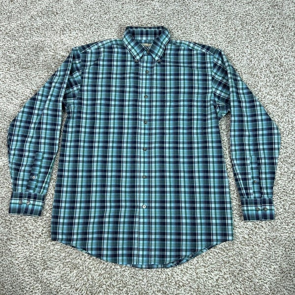 Wrangler Mens Shirt Medium Blue Green Plaid Button Riata Western Cowboy Work