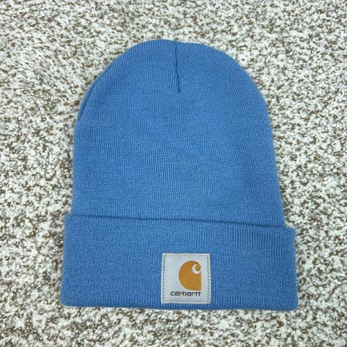 Carhartt Hat Beanie Knit Blue Cuffed Patch Logo Mens One Size Workwear Casual