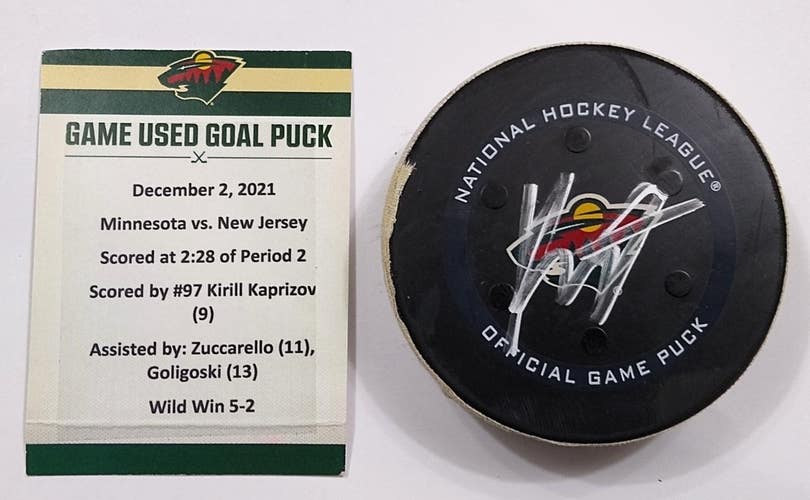 12-2-21 KIRILL KAPRIZOV Signed Minnesota Wild vs NJD Game Used GWG GOAL Puck