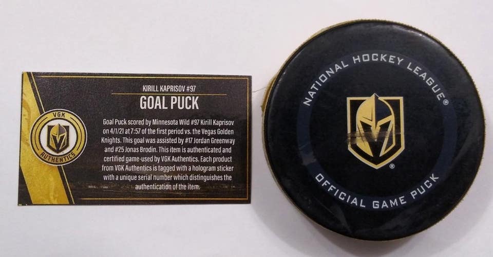 4-1-21 KIRILL KAPRIZOV ROOKIE Minnesota Wild @ Vegas Knights Game Used GOAL Puck
