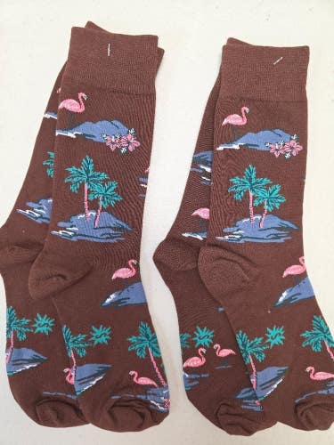 ST21 Mens "TROPICAL FLAMINGO PALM TREE" Crew Socks Lot of 2 Pair MEDIUM New