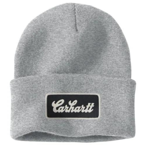 Carhartt Beanie Hat Men's OS Heather Gray Knit Cuffed Script Logo Patch MOT352