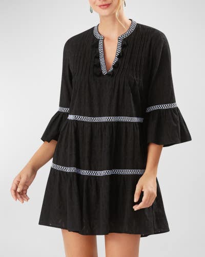 Tommy Bahama Cover Up Dress Women's Medium Black Cotton Embroidered V-Neck CLH4