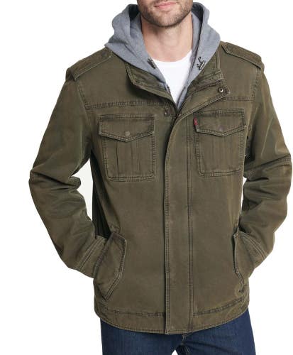 Levi's Trucker Jacket Mens Small Green Cotton Sherpa Lined Hooded Full Zip CLH10