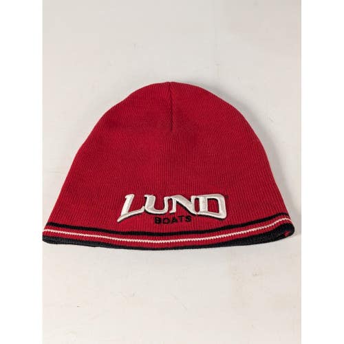 Lund Boats Red Knit Beanie Embroidered Logo Skull Cap Striped Brim Hat