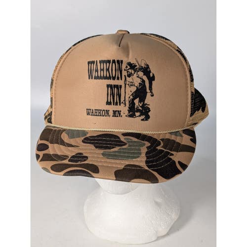 Vintage Otto Cap Wahkon Inn MN Camo Trucker Hat Snapback Mesh Hunting Hiker Tan