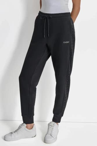 Dkny Sport Joggers Women's XL Black Fleece Rhinestone Drawstring Waist FTS470