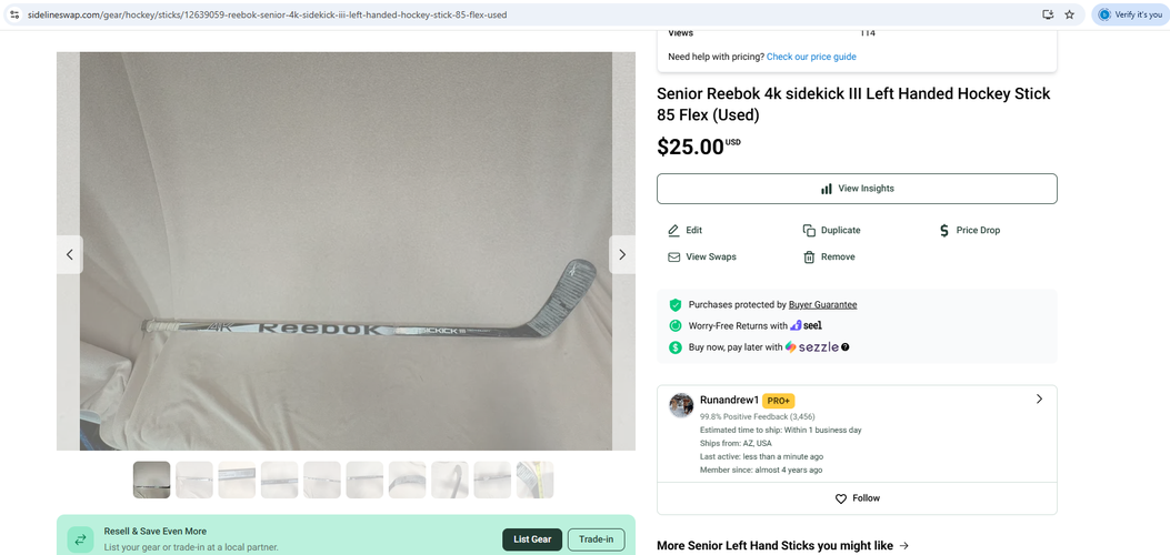 Bundle Senior Reebol 4k sidekick & Koho Corelite Left Hand Hockey Stick 45 Flex (Used)