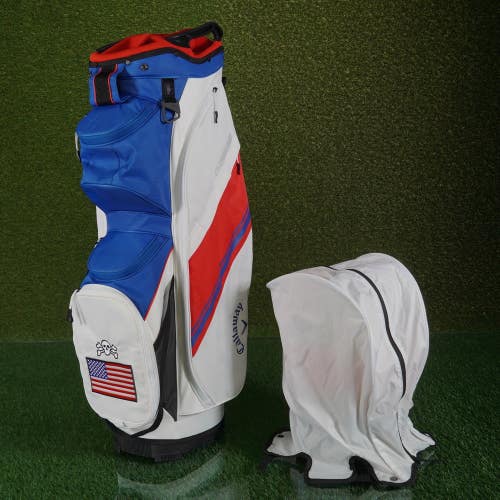 Callaway Chase 14 Cart Golf Bag White Blue Red 14-Way USA Flag, Skull Rain Hood!