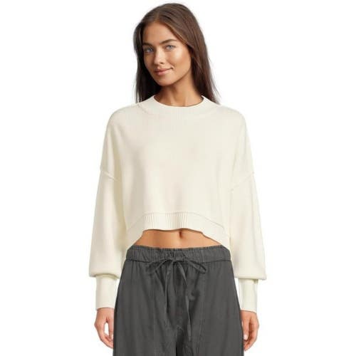Free People Easy Street Sweater Women's Medium Ivory Ribbed Knit Cropped GBO1328