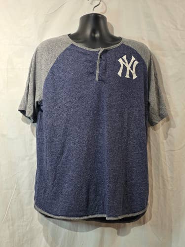 New York Yankees Majestic Short Sleeve Henley Raglan T-Shirt Men's XL Blue Gray