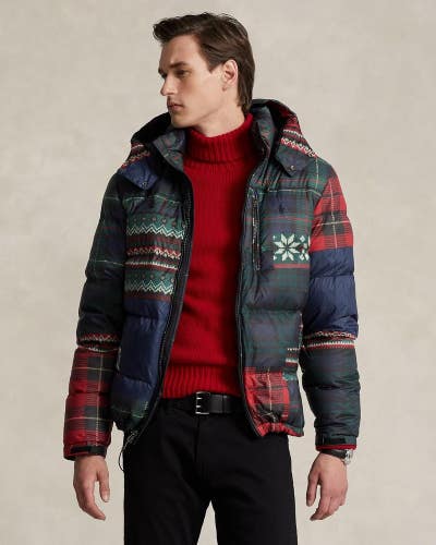 Polo Ralph Lauren Down Jacket Mens XL Multi Patchwork Print Hooded Zip Up BBK041