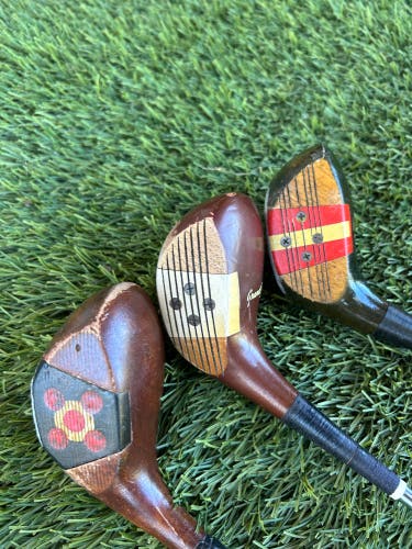Vintage Persimmon Woods Bundle — 3 Classic Clubs, Original Leather Grips,