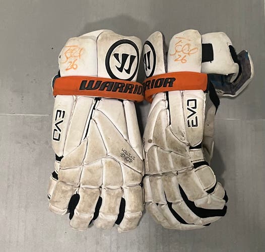 Warrior Evo Lacrosse Gloves (Used) signed by Tom Schreiber