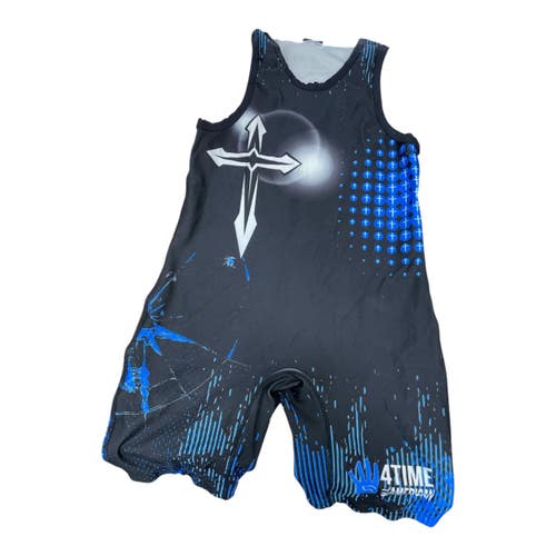 Used 4 Time All American Wrestling Singlet Black/Blue Cross Graphic SM 11735-S000371141