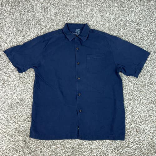 Tommy Bahama Shirt Mens Medium Navy Blue Silk Button Up Short Sleeve Casual Camp