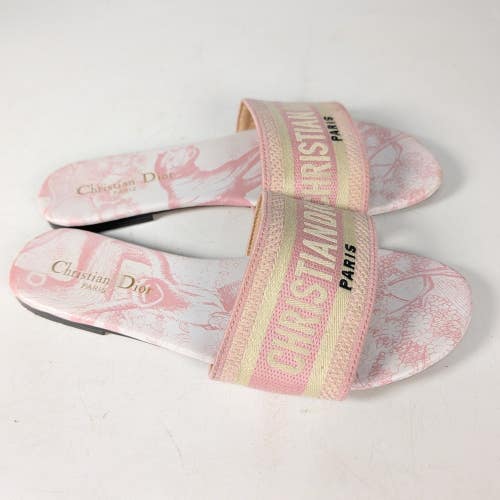 Christian Dior Dway Slides Pink Toile de Jouy Embroidered Sandals Size 42