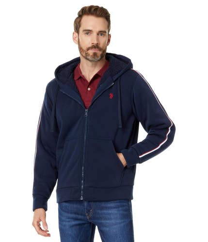 U.S. Polo Assn. Hoodie Men's Large Navy Blue Stripe Fleece Lined Full Zip CLH167