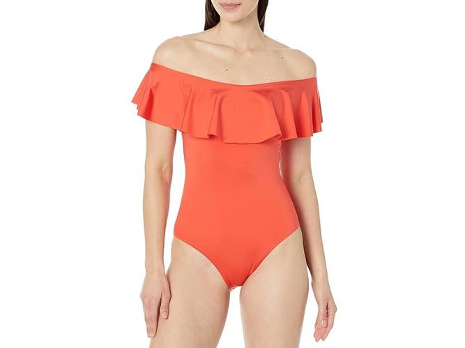 Trina Turk Monaco Swimsuit Womens Coral Ruffle Off The Shoulder One-Piece JDM369