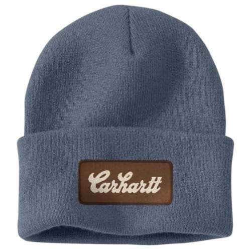 Carhartt Beanie Hat Men's OS Blue Stone Knit Cuffed Script Patch Logo MOT387