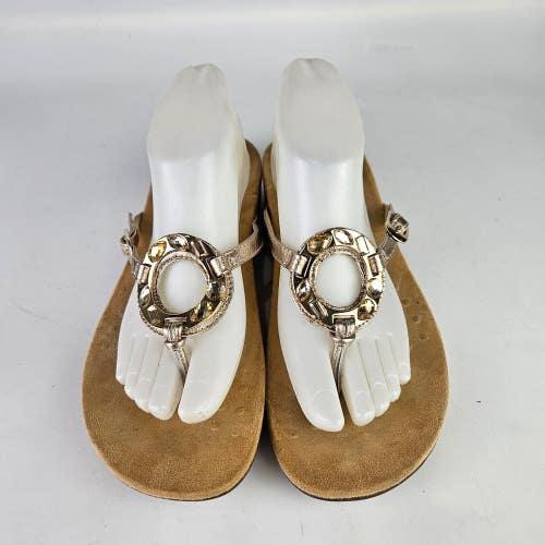 Vionic Women's Size 10 Ricci Metallic Gold Leather Jeweled Flip Flops Sandals