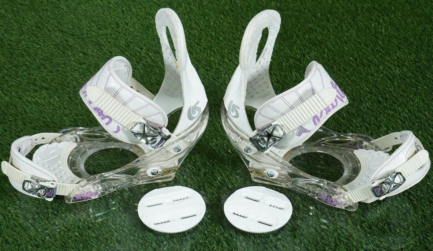 BURTON CITIZEN SNOWBOARD BINDINGS WHITE & PURPLE, WOMEN'S SIZE MEDIUM WITH DISCS