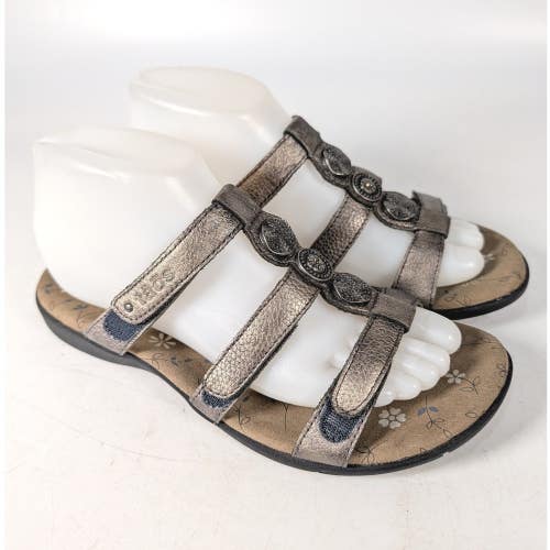 Taos Prize 2 Metallic Pewter Leather Strappy Medallion Slide Sandals Womens 8