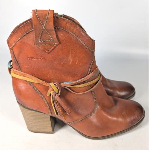 Tamaris Cognac Leather Western Ankle Boots Block Heel Size 41