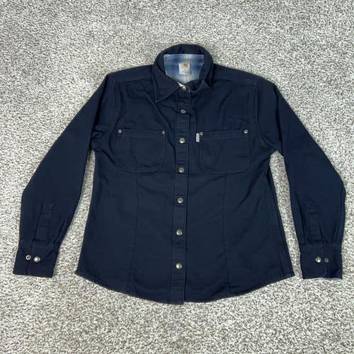 Carhartt Shirt Jacket Womens Medium Navy Blue Flannel Lined Canvas Snap Workwear