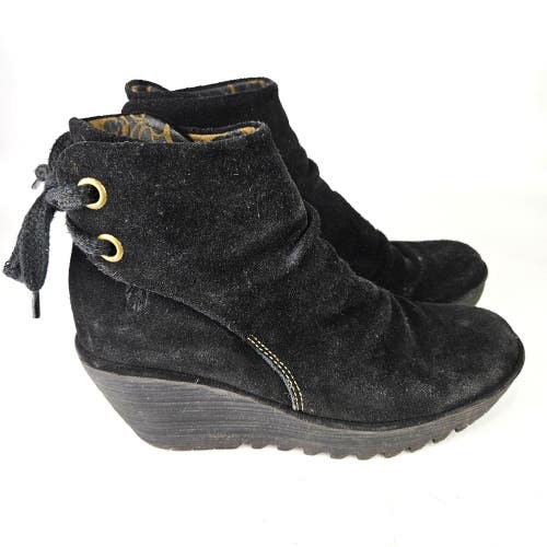 FLY London Yama Black Suede Wedge Ankle Boot Size: 41 / 10 Rear Lace