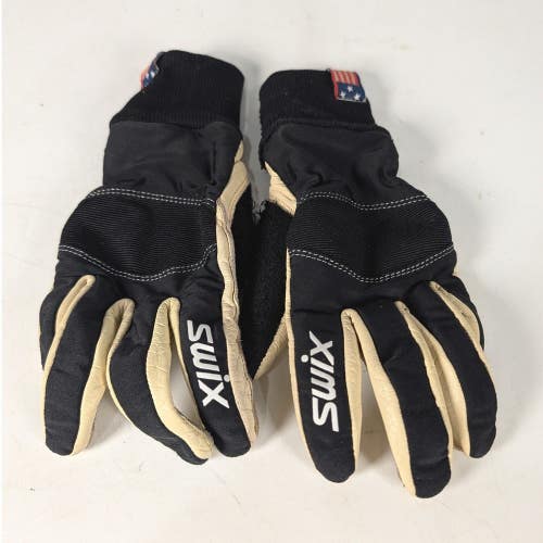 Swix Leather Palm Cross Country Ski Gloves Black Tan Size 7 US Flag Detail